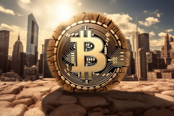 Wall Mural - A bitcoin sitting on top of a pile of rocks in front of a cityscape. Generative AI image.