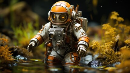 Canvas Print - A toy astronaut walking through a stream of water. Generative AI image.