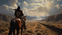 Illustration Of An American Indian Man On Horseback Watching A Railway Through His Territory.  Generative AI. 