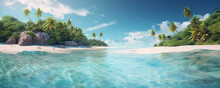 A Stunning Tropical Beach With Swaying Palm Trees And Rocky Cliffs Overlooking The Crystal Clear Ocean. The Beauty Of Nature Is AI Generative.