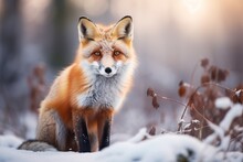 Cute Red Fox In Wild Frosted Natural Environment Looking At Camera