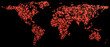 Abstract world map out of red squares, digital earth concept, pixel blocks, realistic illustration with all the continents and oceans, graphic design globe, earth map, isolated on black background
