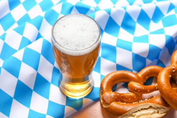 Flag of Bavaria, mug with beer and pretzels, closeup