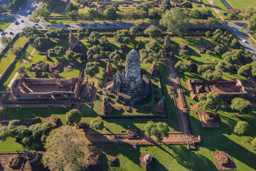 Aerial view of in Ayutthaya temple, Wat Ratchaburana in Phra Nakhon Si Ayutthaya, Historic park in Thailand.