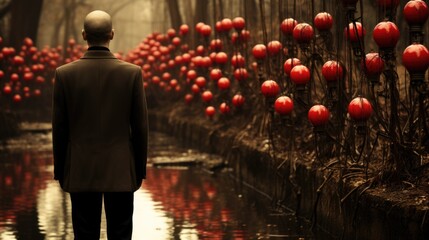 Canvas Print - A man in a suit standing in front of a row of red lanterns. Generative AI image.