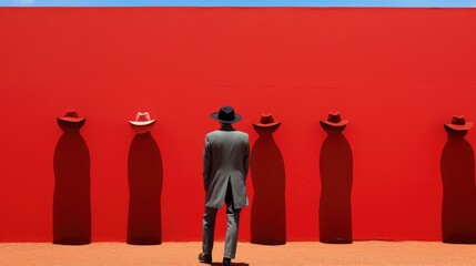 Poster - A man in a suit and hat standing in front of a red wall. Generative AI image.