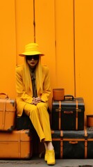 Canvas Print - A woman in a yellow suit and yellow hat sitting on a pile of suitcases. Generative AI image.