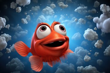 Poster - A red fish with big eyes is flying through the air. Generative AI image.