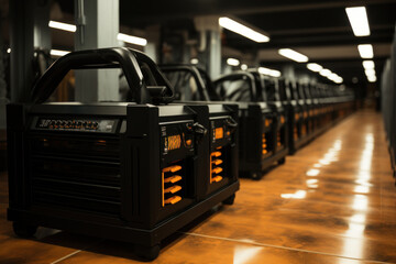 Sticker - A row of portable generators in a building. Generative AI image.