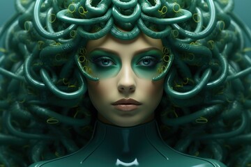 Poster - A woman with a large head of snakes on her head. Generative AI image.