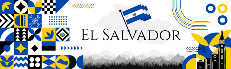 Wall Mural - El Salvador Independence Day abstract banner design with flag and map. Flag color theme geometric pattern retro modern Illustration design. Blue and Yellow flag color template.