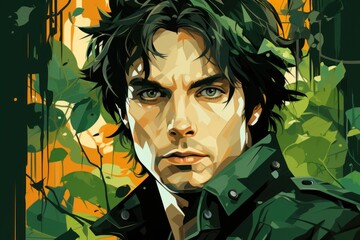 Sticker - A painting of a man in a green jacket. Generative AI image.