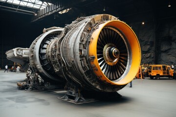 Sticker - A large jet engine sitting inside of a building. Generative AI image.