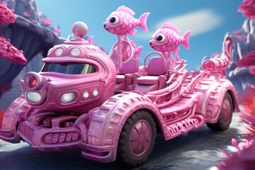 Sticker - A pink car with two fish on top of it. Generative AI image.