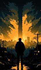 Wall Mural - a man standing in the middle of a city at night. generative ai image.