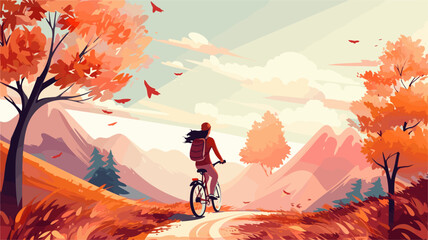 illustration of hello autumn beautiful girl riding with bicycle. hello autumn vector illustration wi