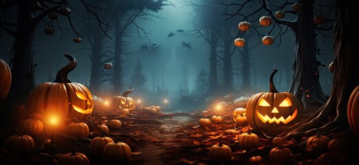 Wall Mural - Halloween background with scary pumpkins in dark forest. 3d rendering