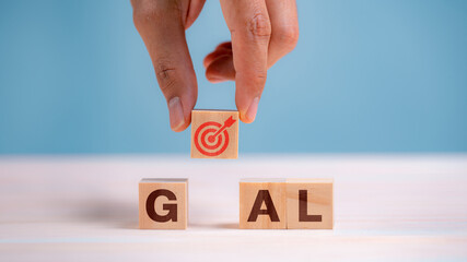 Poster - Leadership Success Strategy, Unlocking Business Goals with Sustainable Growth and Innovative Solutions with signs on Wooden Cube.