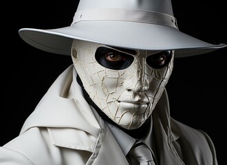 Canvas Print - A man wearing a white mask and a white hat. Generative AI image.