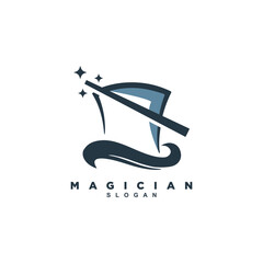 Canvas Print - Modern magic hat with stick logo design. Magician show logo vector