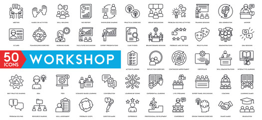 Workshop icon set. Containing team building, collaboration, teamwork, coaching, problem solving and education icons.