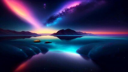 Beautiful night view with the Milky Way over the Lake. Nature landscape with starry sky and light reflection. Seamless looping video animated background.