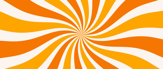Spinning radial lines background. Orange curved sunburst wallpaper. Abstract warped sun rays and beams comic texture. Vintage summer backdrop for posters, banners, templates. Vector illustration