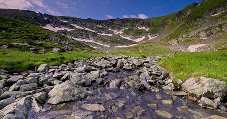 Wall Mural - waterfall river flowing on mountain rocks, peaks and hills. bulgaria, rila lakes, beautiful nature 4