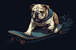 Bulldog riding skateboard cool funny dog illustration design, ,generated ai ,generated ai