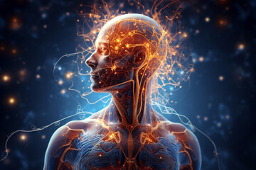 Human body with glowing energy particles on dark background illustration