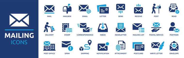 mailing icon set. containing mail, email, mailbox, letter, send, receive, post office and envelope i