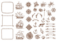 Old Vintage Sketch Map Vessel Ships, Antique Compass And Seashells, Rope Frames, Octopuses And Sabres, Anchors And Treasure Chests. Vector Helm, Sextant, Gun, Cannon And Ribbon Banner Hand Drawn Set
