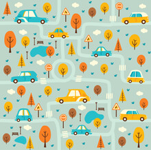 Kid Car Seamless Pattern With Roads, Trees And Vehicles. Cartoon Town Map Vector Background With Streets, Transport Traffic, Road Signs, Cars And Auto, Park Alleys, Lake. Childish Wallpaper Backdrop