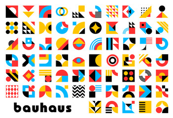 abstract geometric bauhaus elements. vector modern graphic shapes and forms set. color circles, squa