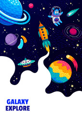 Wall Mural - space poster. cartoon alien, ufo, spaceship and space planets with galaxy stars landscape vector bac