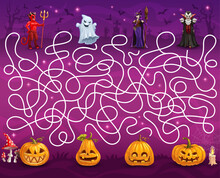 Halloween Labyrinth Maze Game. Help To Eerie Characters Find A Pumpkins. Kids Vector Board Game Worksheet With Cartoon Devil, Ghost, Witch And Vampire On Cemetery With Jack Lanterns, Children Riddle