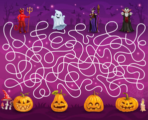 Wall Mural - Halloween labyrinth maze game. Help to eerie characters find a pumpkins. Kids vector board game worksheet with cartoon devil, ghost, witch and vampire on cemetery with jack lanterns, children riddle