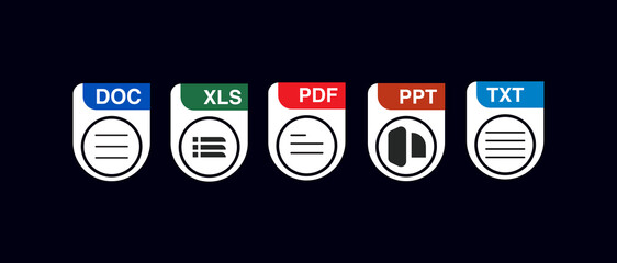 Wall Mural - File Formats and Labels icons.  Doc file type icons. Document file format icons
Vector illustration.