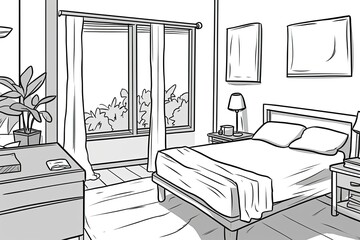 Wall Mural - monochrome bedroom sketch with minimalist decor. Generative AI