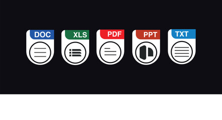 Wall Mural - File Formats and Labels icons.  Doc file type icons. Document file format icons
Vector illustration.