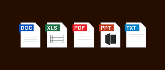 Wall Mural - File Formats and Labels icons.  Doc file type icons. Document file format icons
Vector illustration.