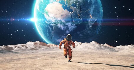 Wall Mural - young astronaut in space suit confidently running on an alien planet. planet earth is visible in sky