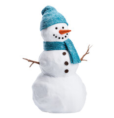 snowman with blue hat and scarf isolated on transparent background, generative ai