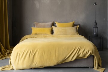 Poster - cozy bed with a sunny yellow comforter and fluffy pillows. Generative AI