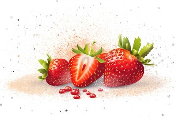 Sticker - three ripe strawberries with green leaves isolated on white background. Generative AI