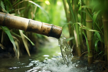 Fresh And Strong Stream Water From Bamboo Tap, Mountain Spring Water Installation, Water Flowing From A Japanese Shishi Odoshi Bamboo Fountain, Calm Relaxed Transquil Nature Environment 
