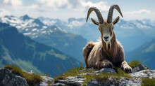 A Billy Goat In The Alps On A Mountain. Generative AI