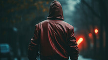 Back View Of A Criminal With A Cap And A Leather Jacket. Crime Concept. Generative AI