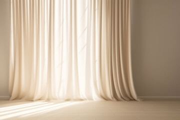 Minimalistic abstract gentle light beige background with cream curtain on a sunny day with sunlight from windows