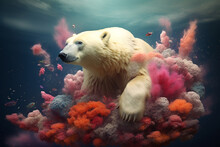 Polar Bear Swimming And Floating Under Water With Multicolor Reef And Corals
